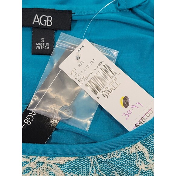 AGB Women's Small Teal Twist Front Lace Layered 3/4 Sleeve Blouse Shift Top EUC - Picture 8 of 10